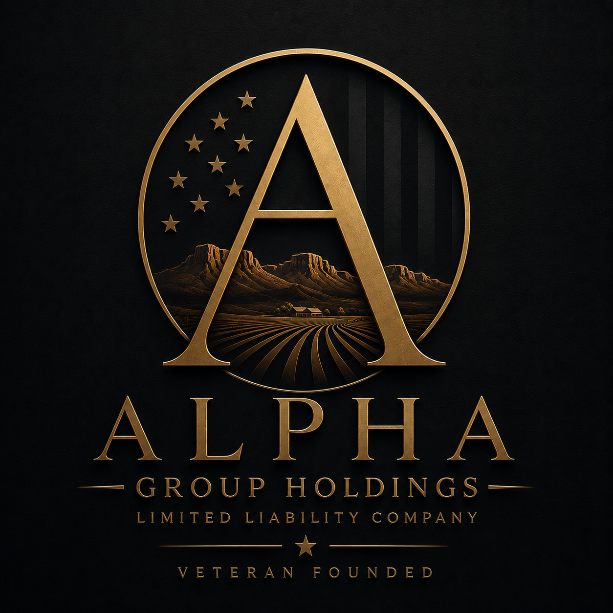 Alpha Group Holdings — gold emblem with a mesa ridgeline, cultivated land, and inscriptional wordmark on a dark field